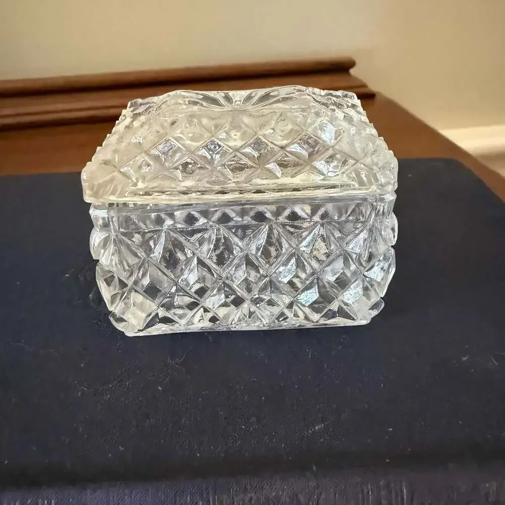Vintage Cut Crystal Jewelry Trinket Box with Diamond Pattern
